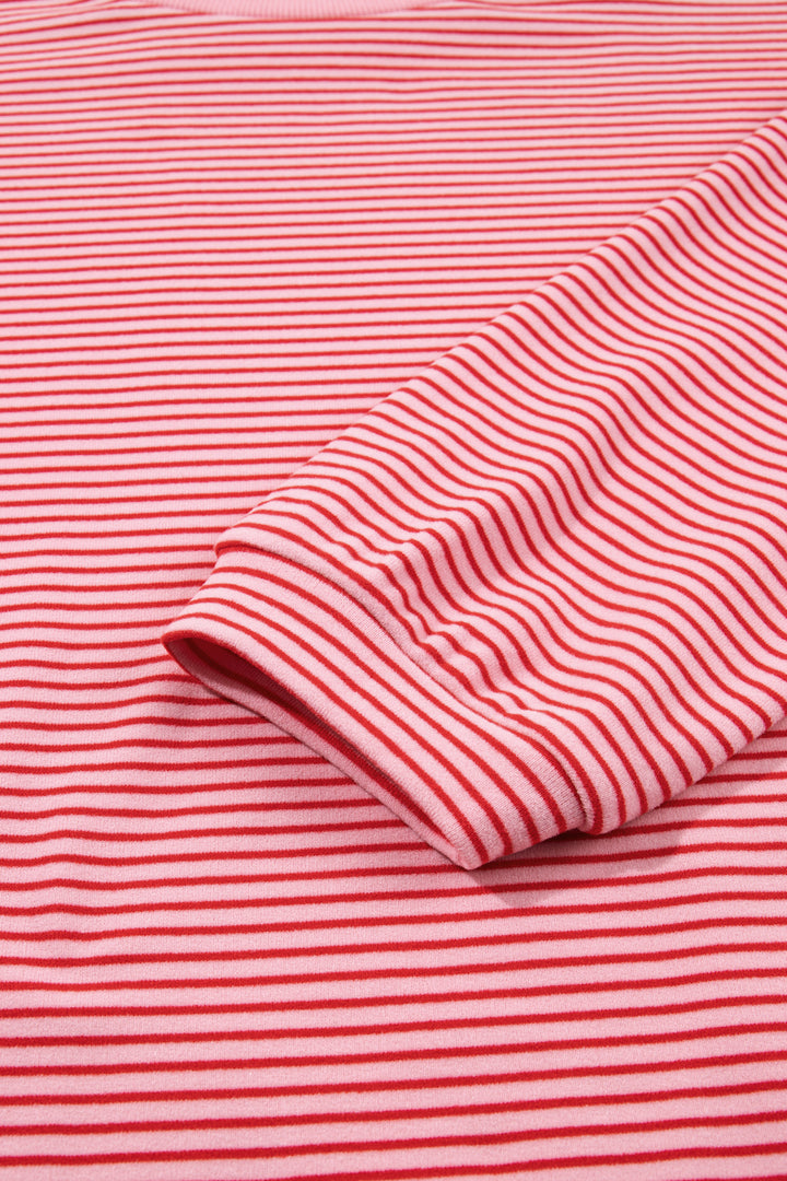 Pink Stripe Contrast Trim Round Neck Oversize Long Sleeve Top 2pcs Pant Set