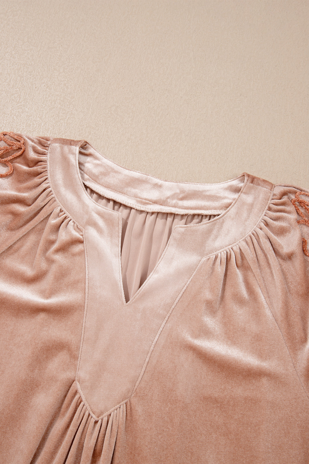 Light French Beige Embroidered Sleeve Velvet Mini Shift Dress