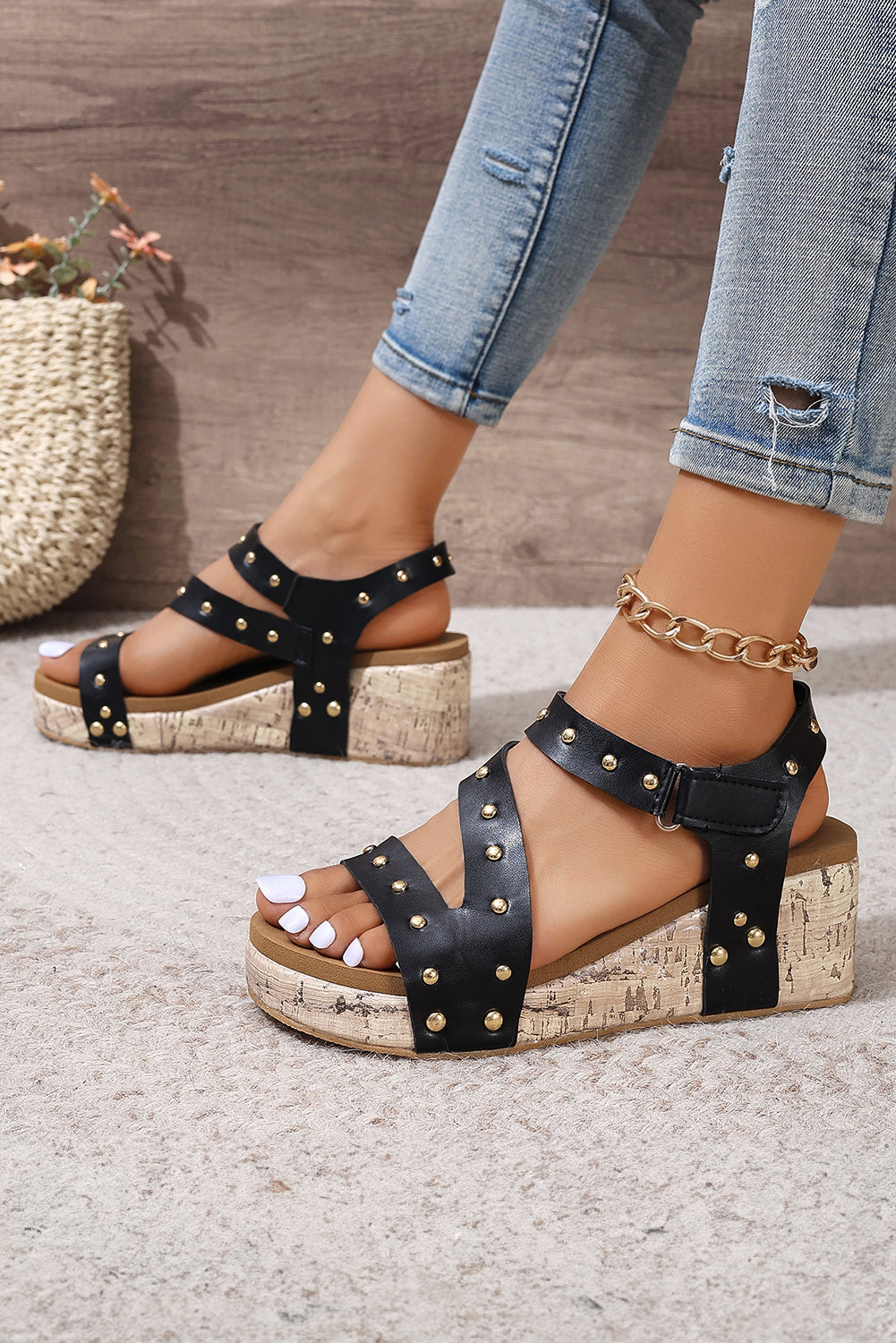 Rivet Hollow Out Leather Wedge Sandals
