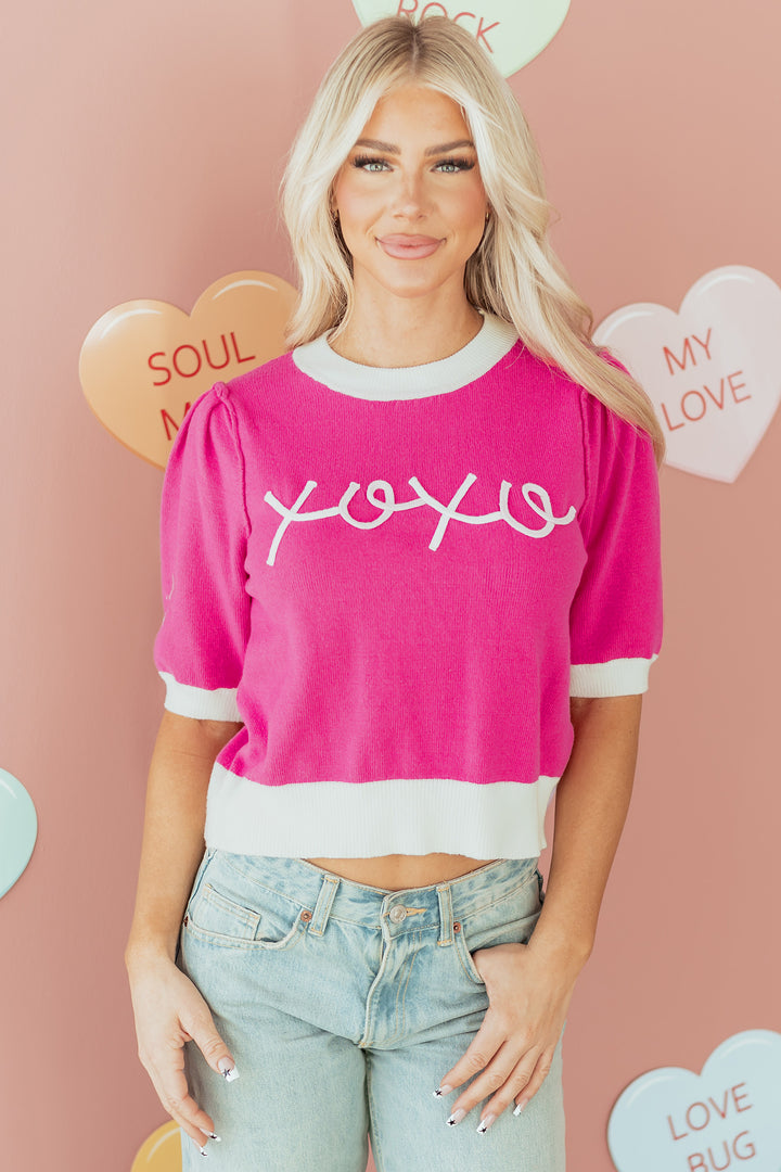 XOXO Embroidered Graphic Valentines Contrast Trim Crew Neck Short Puff Sleeve Sweater Tee