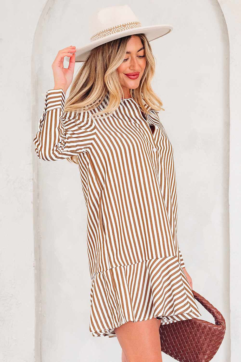 Ruffled Hem Collared Long Sleeve Shirt Mini Dress