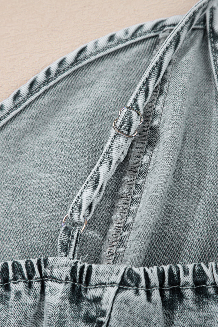 Sleeveless V Neck Back Zipped Denim Dress