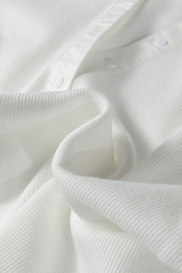 Button Placket 3/4 Striped Sleeve Patchwork Rib Knit Top