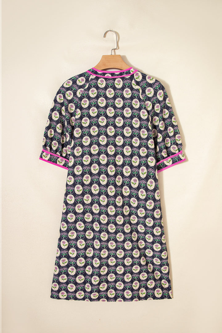 Casual Striped Trim Short Sleeve Vintage Floral Shift Dress