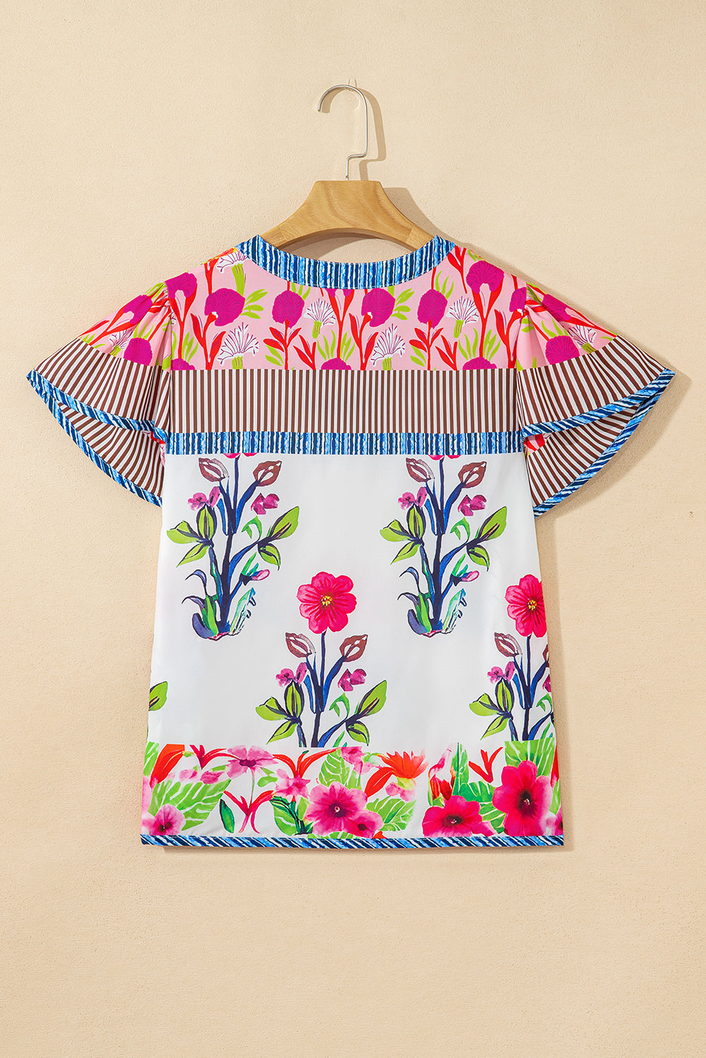 Floral Striped Patchwork Short Sleeve Split Neck Blouse