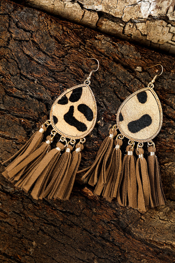 Boho Leopard Print Tasseled Hook Earrings