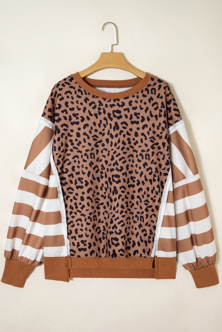 Khaki Leopard Striped Patchwork Plus Size Loose Sweatshirt