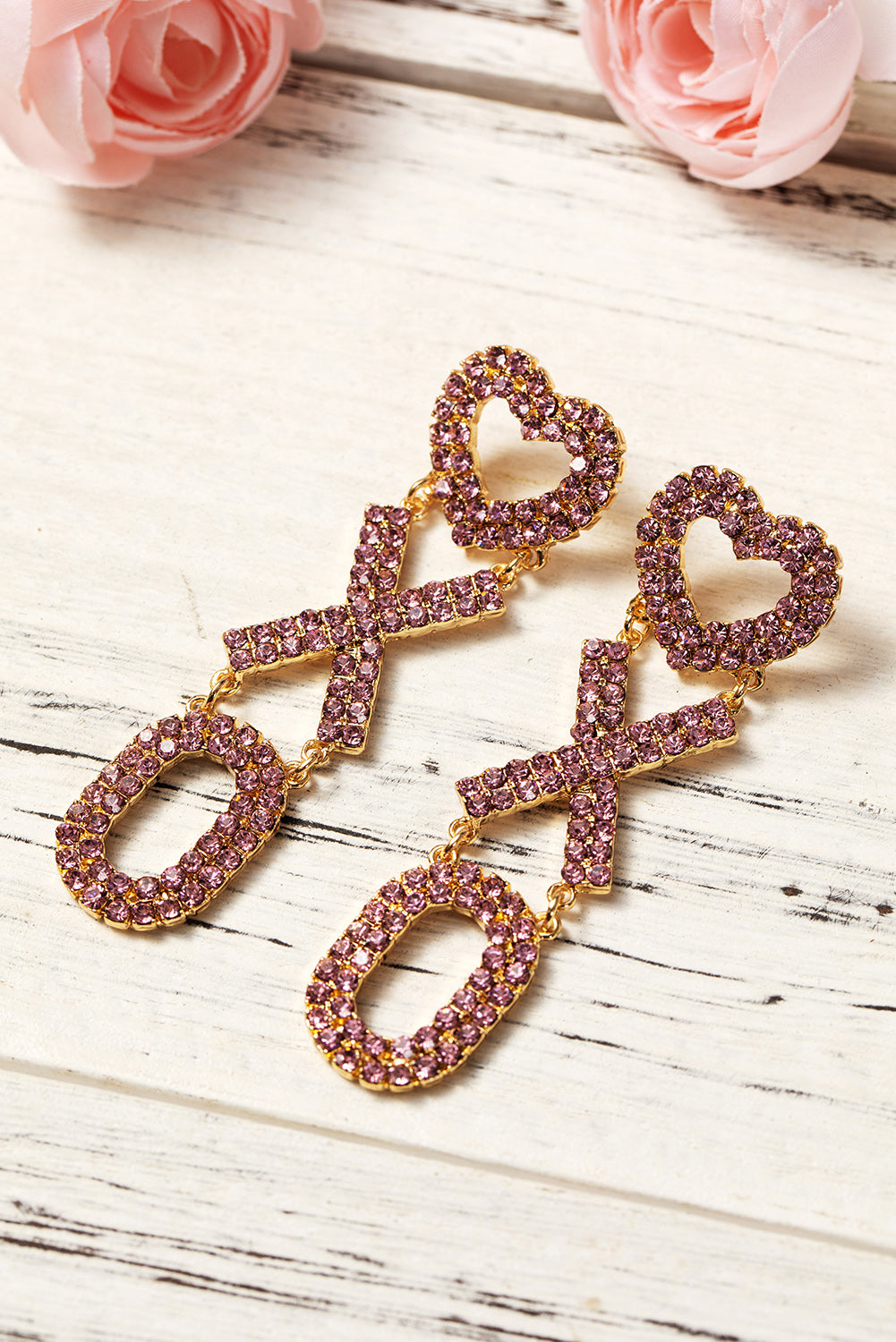 Boucles d'oreilles en strass XOXO en forme de cœur de Saint-Valentin