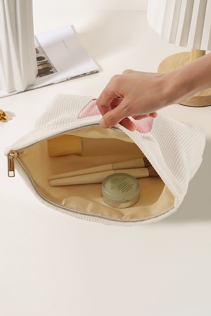Bowknot Pattern Print Corduroy Zipper Large Cosmetic Bag