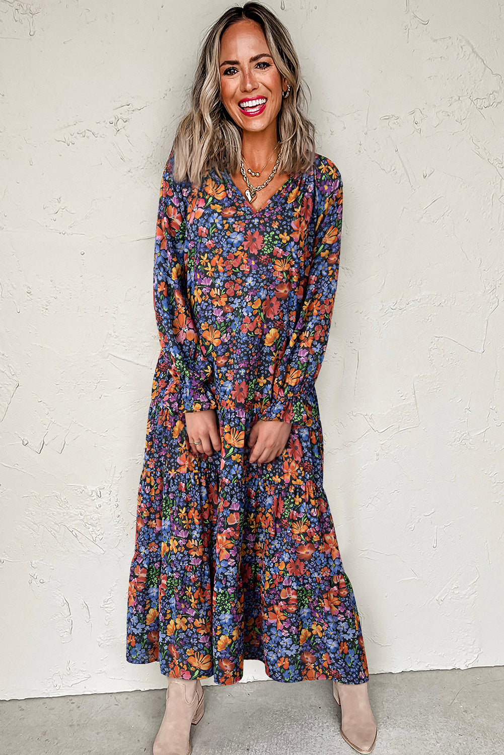Floral Print Tassel Tie V Neck Long Sleeve Flowy Long Dress