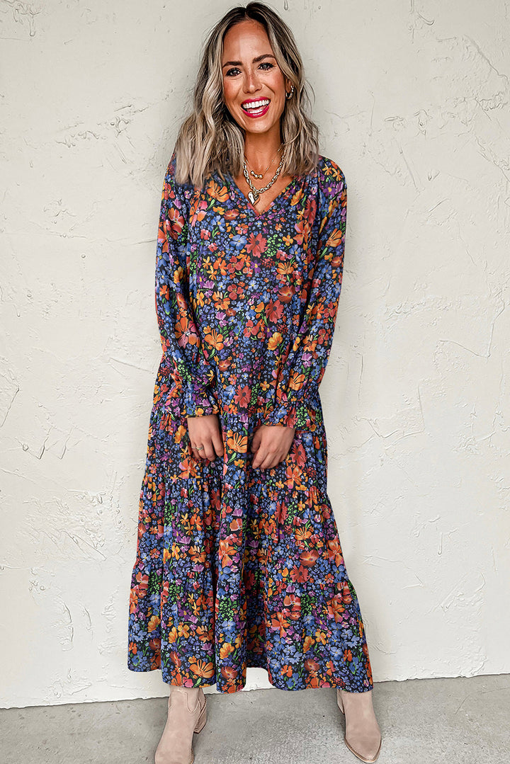 Floral Print Tassel Tie V Neck Long Sleeve Flowy Long Dress