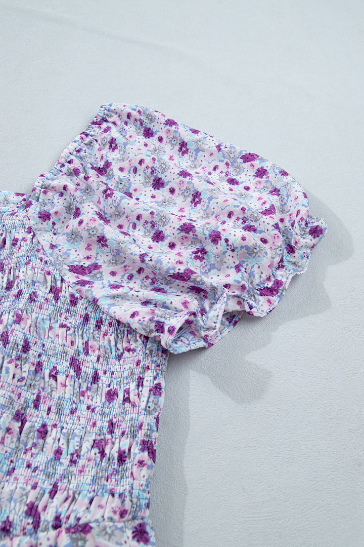Purple Plus Size Floral Print Square Neck Smocked Maxi Dress