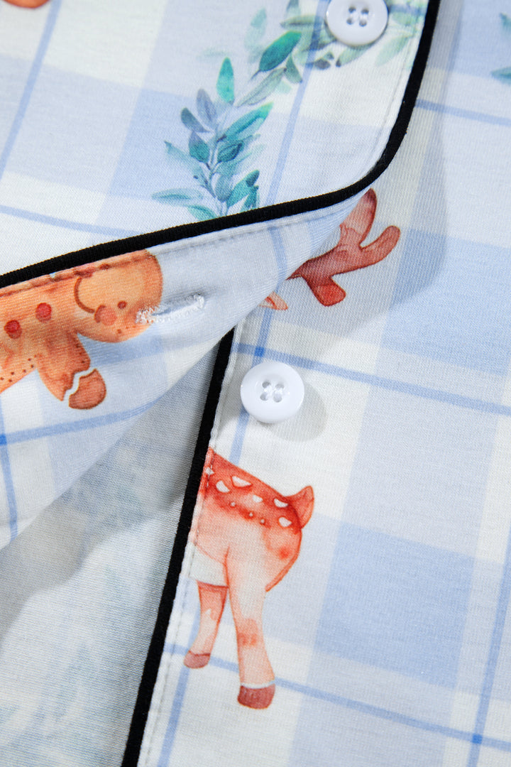 Sky Blue Plaid Cartoon Christmas Pattern Shirt Top 2pcs Pajama Set