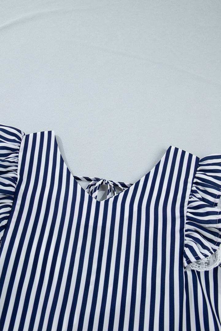 Blue Stripe V Neck Lace Contrast Ruffle Trim Tank Top