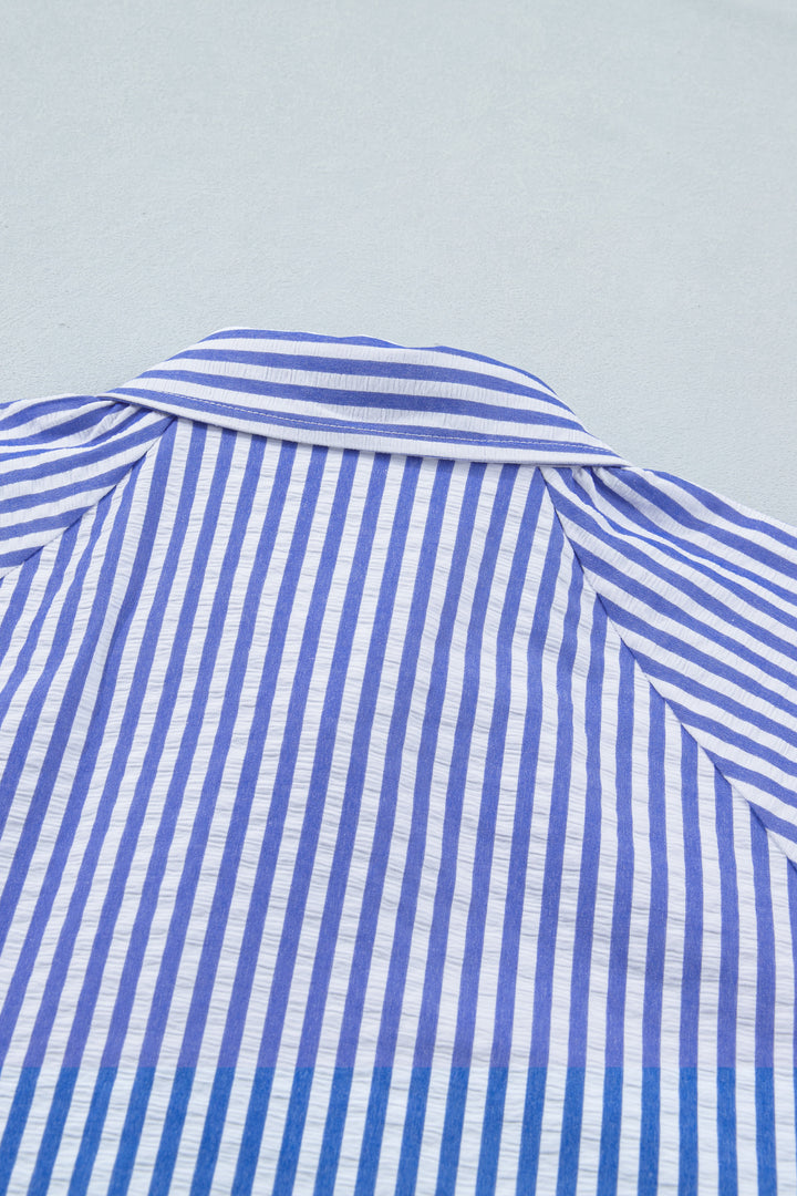 Sky Blue Stripe Lily Floral Embroidered Puff Sleeve Button Down Shirt