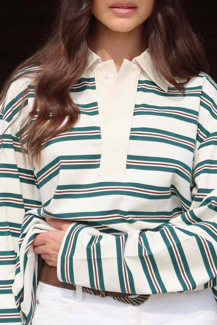 Green Stripe Retro Loose Fit Contrast Collar Long Sleeve Top