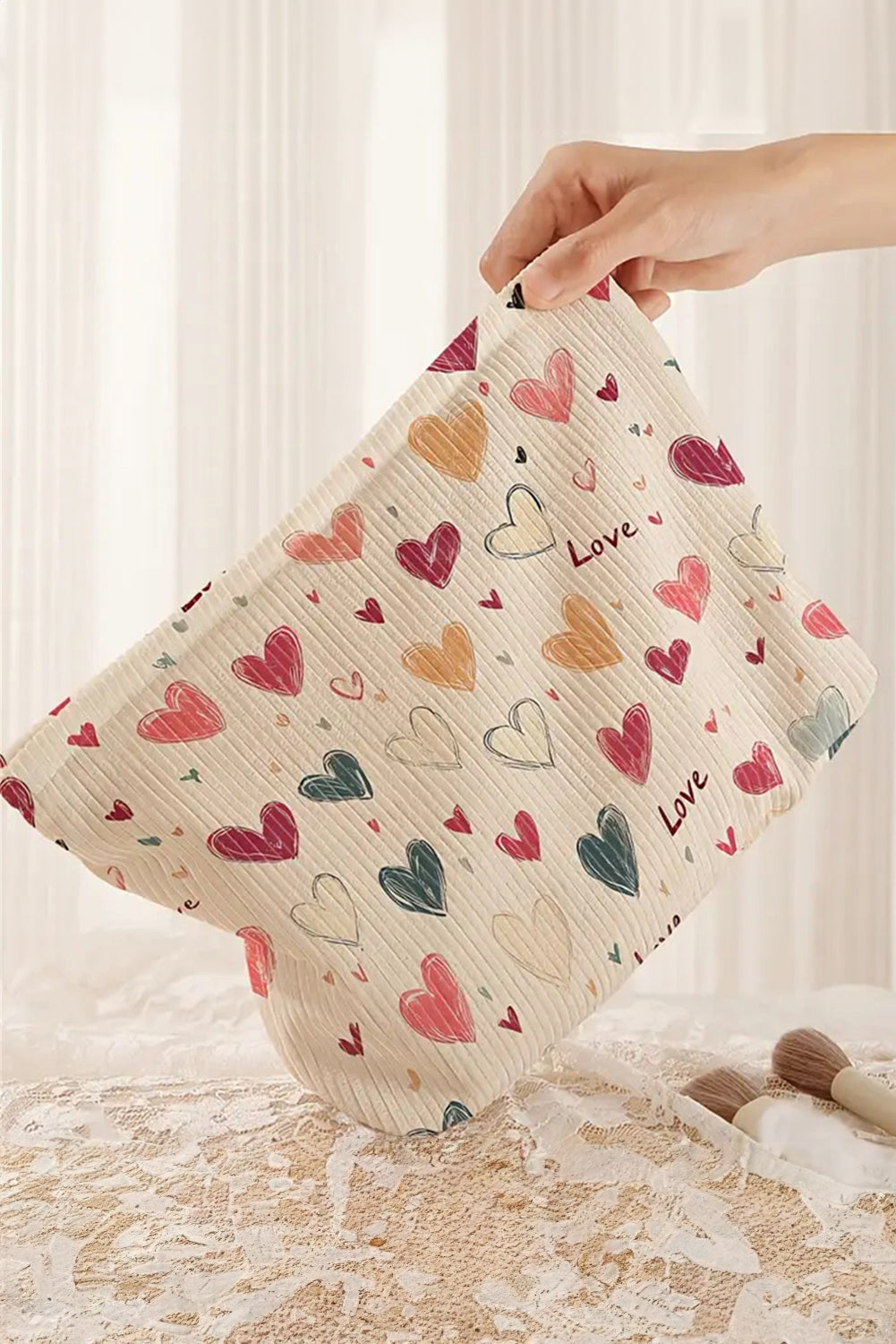 Love Heart Print Ribbed Canvas Makeup Bag