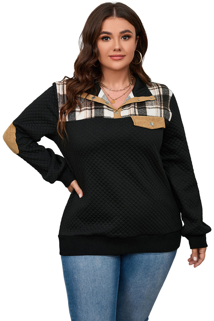 Plus Size Quilted Plaid Patch Henley Sweatshirt