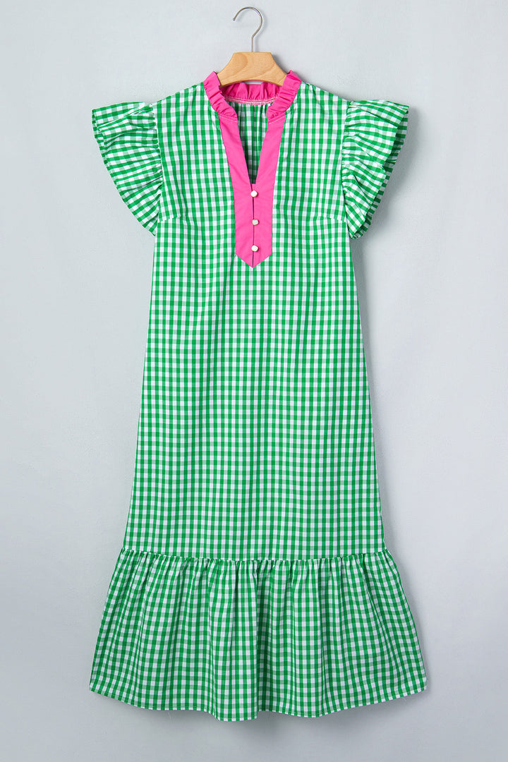 Bright Green Summer Color-Blocked Plaid Pattern Midi Dress