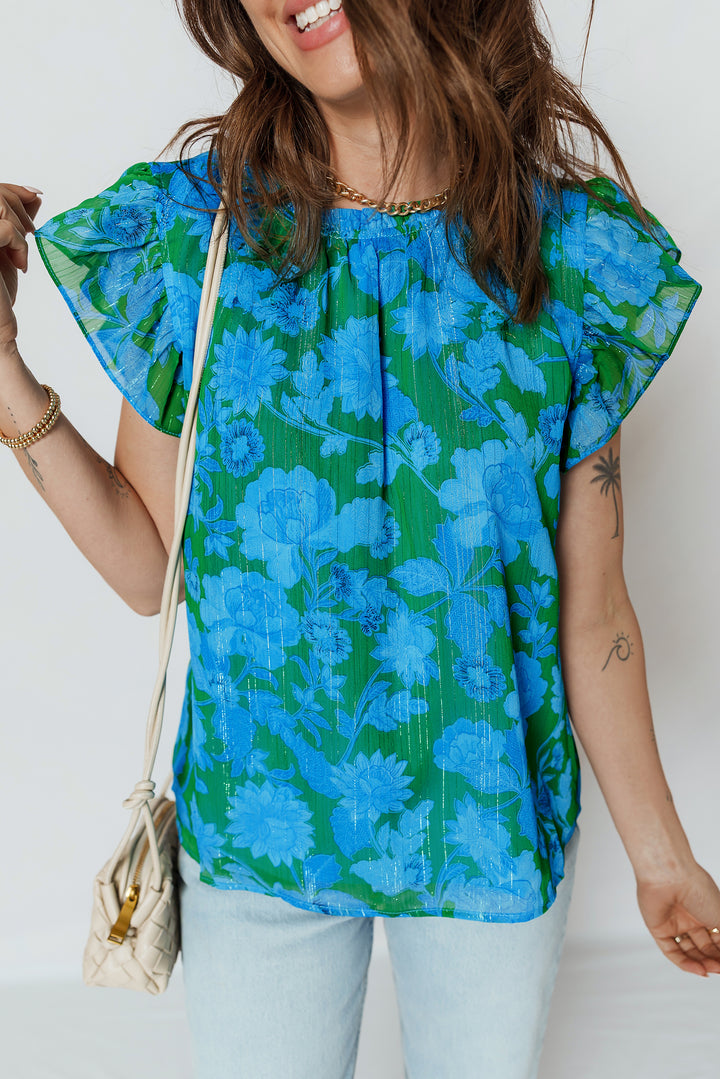 Floral Print Ruffled Sleeve Summer Blouse