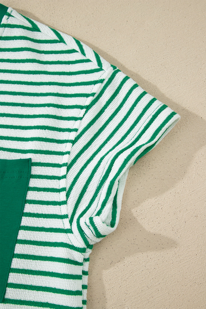 Green Stripe Crew Neck Tee Drawstring Waist Cropped Pants Set