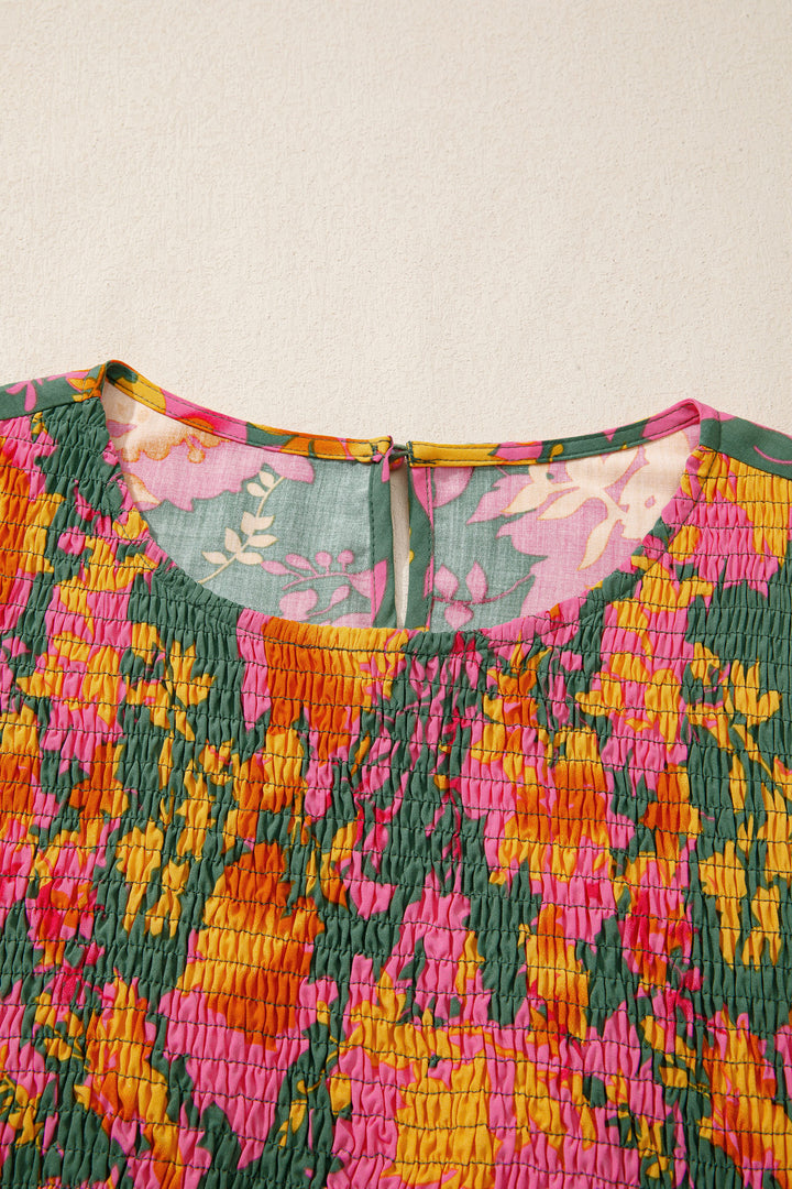 Floral Print Long Sleeve Smocked Ruffled Mini Dress