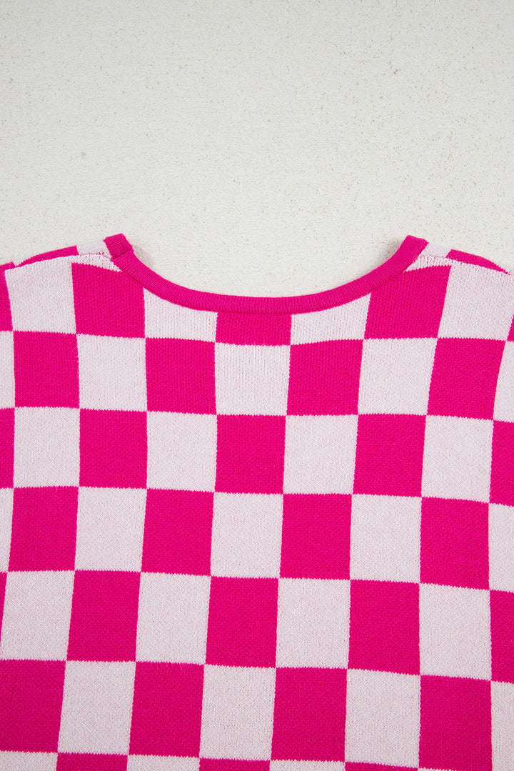 Rose Check Pattern Cap Sleeve Knitted Sweater