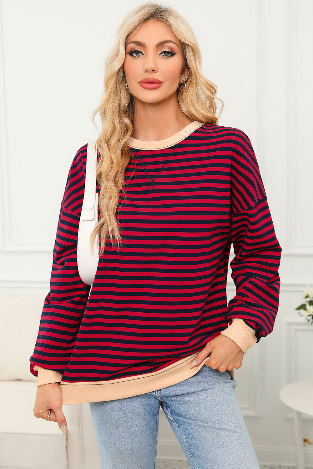 Contrast Ribbed Trim Crossed Stitch Drop Shoulder Sweatshirt