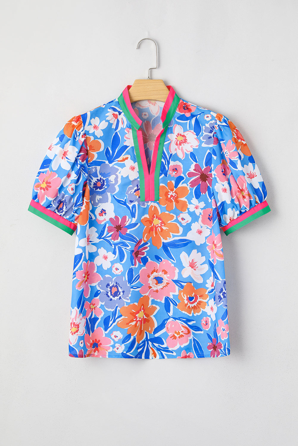 floral colorblock edge puff sleeve split neck blouse