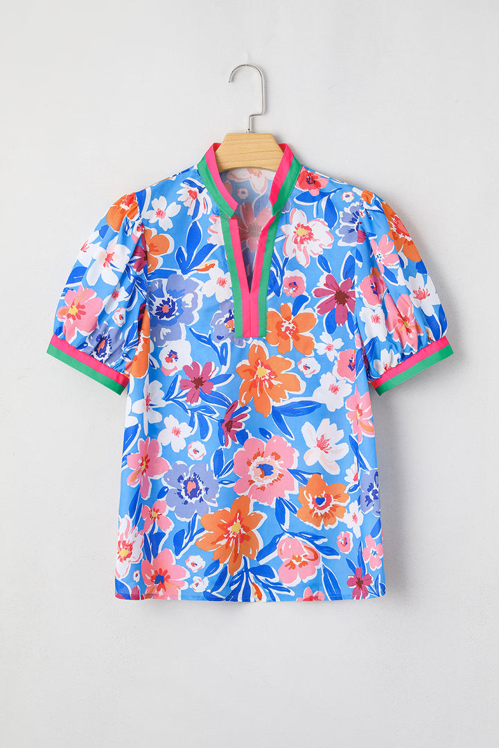 floral colorblock edge puff sleeve split neck blouse