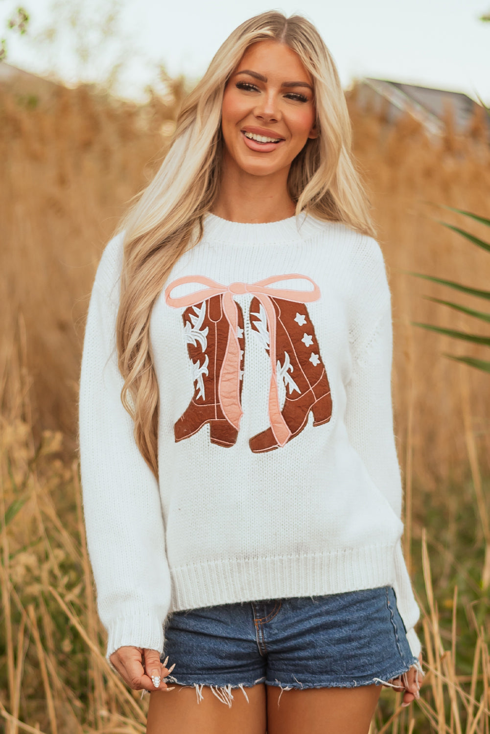 Embroidered Bow Boots Graphic Drop Shoulder Sweater