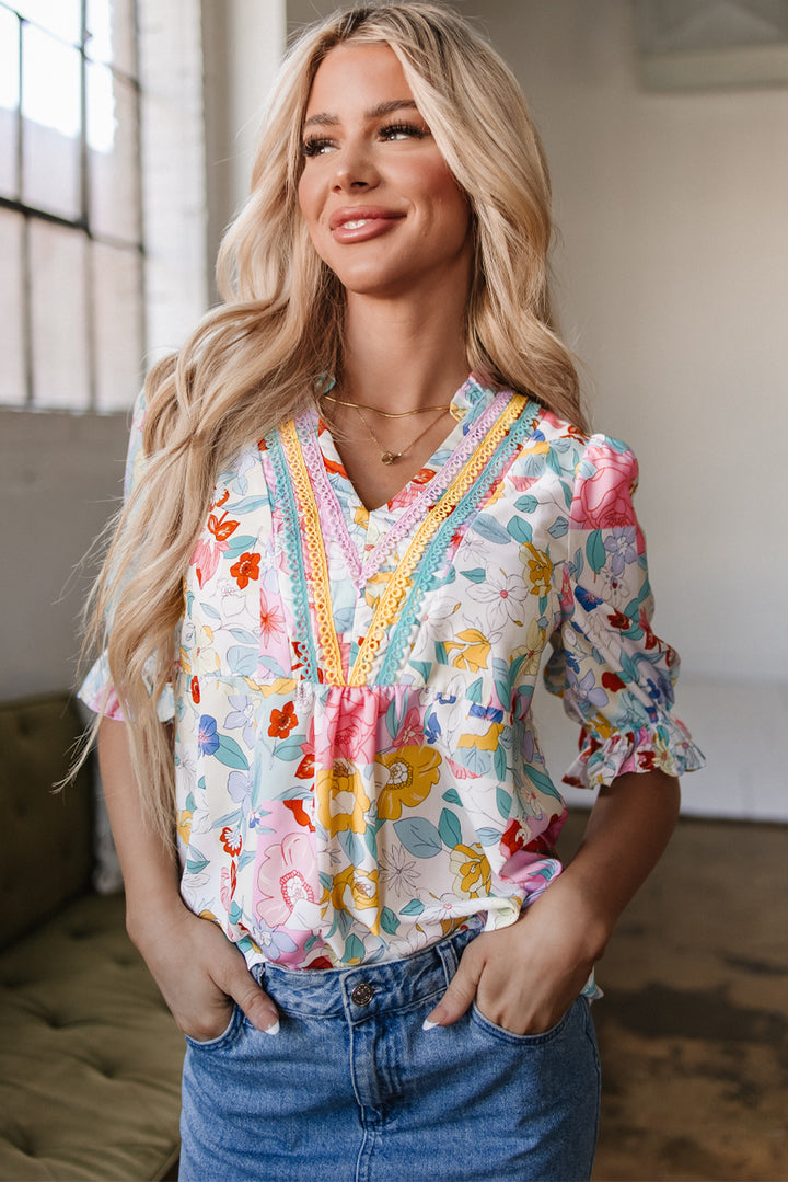 Boho Flower Print Half Puff Sleeve Blouse