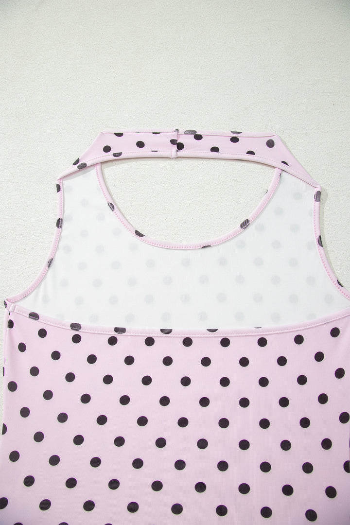 Pink Polka Dot Halter Tank Drawstring Elastic Waist Short Set