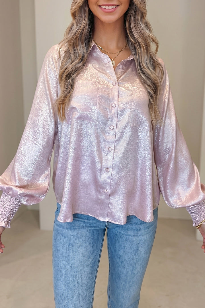 New Delicacy Long Sleeve Button Front Ruffle Cuffs Back Paneling Shirt