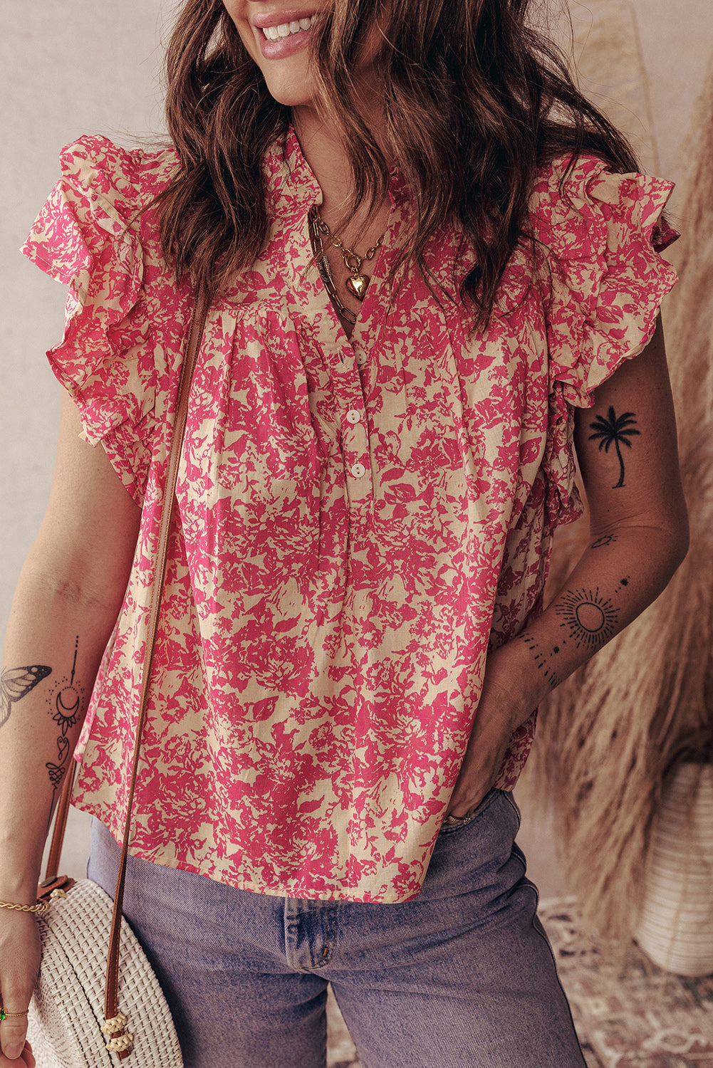 allover printed half button neck ruffle sleeve blouse