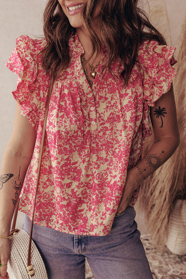 allover printed half button neck ruffle sleeve blouse
