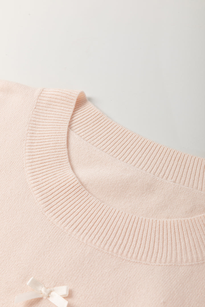Chic Pearl Bow Embellished Dolman Short Sleeve Sweater