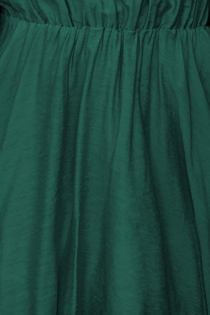 Green-2 Solid Color Shirred Bubble Sleeve Off Shoulder Babydoll Dress