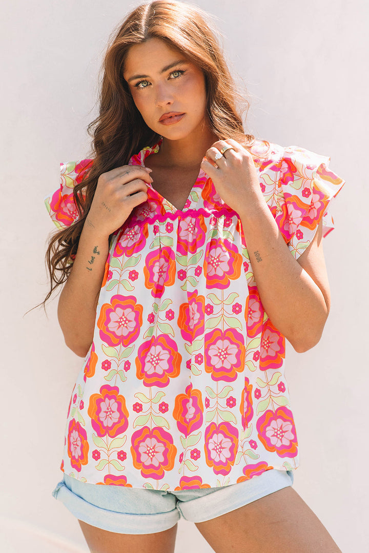 floral ruffled sleeve ric rac trim split neck loose blouse