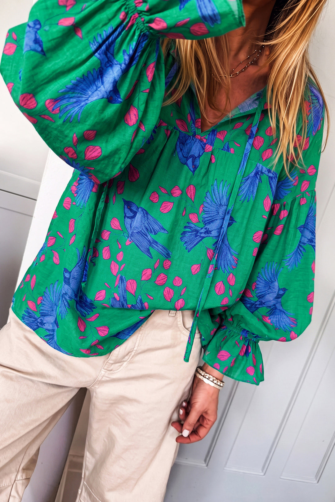 Green Abstract Print Flounced Puff Sleeve Blouse