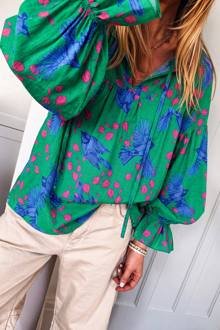 Green Abstract Print Flounced Puff Sleeve Blouse