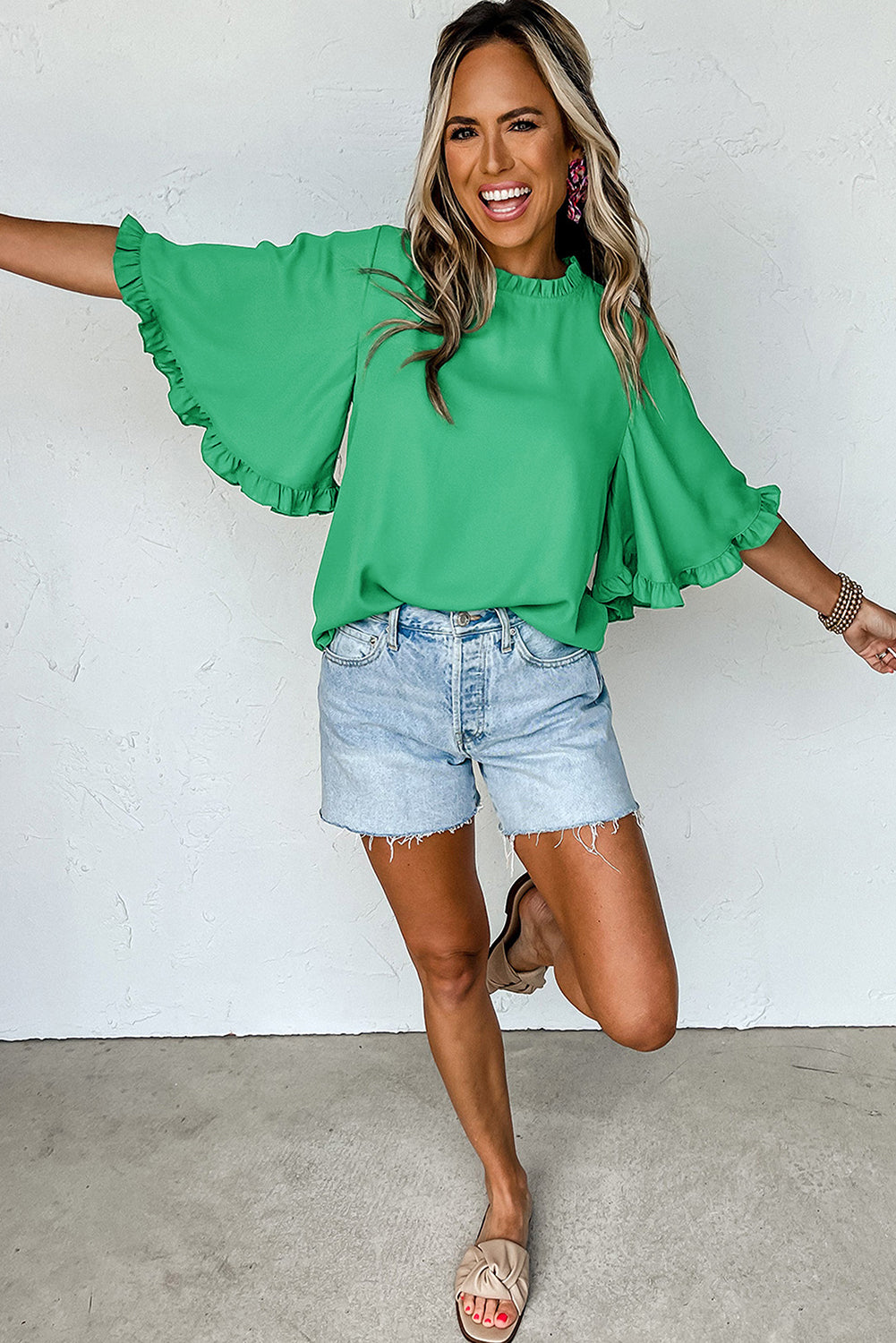 Frilly Round Neck Wide Half Sleeve Blouse