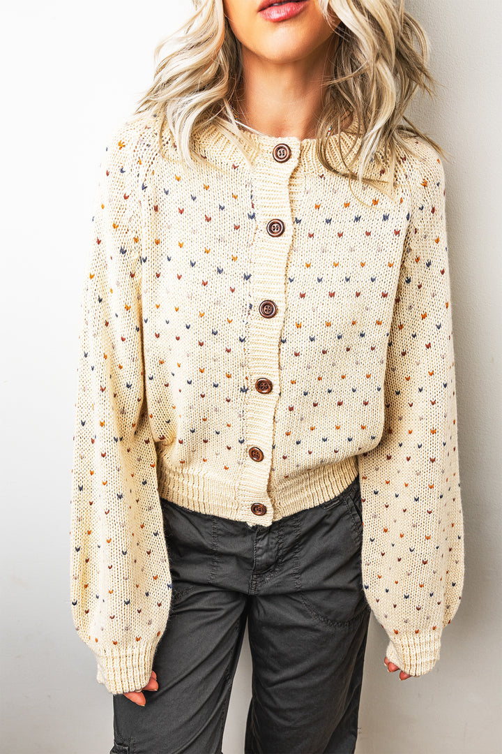 Beige Geometric Print Button Front Regular Fit Cardigan
