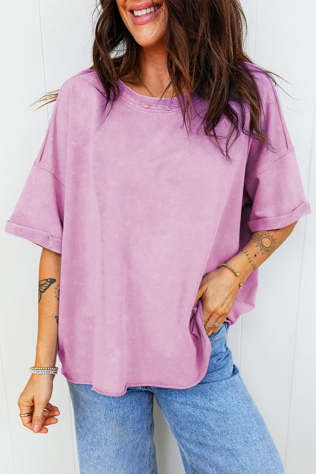 Mineral Wash Drop Shoulder Raw Edge Loose Tee