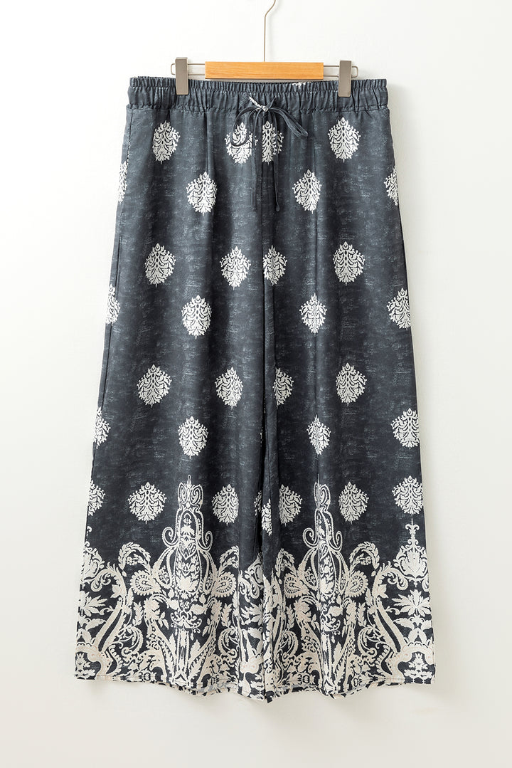 Black Plus Size Geometric Ethnic Print Wide Leg Pants