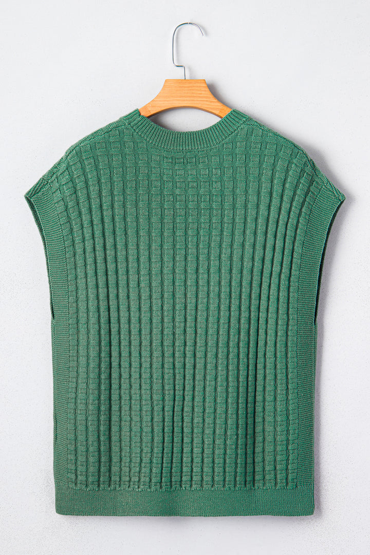 Solid Color Round Neck Textured Short Sleeve Sweater