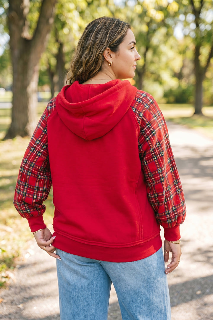 Fiery Red Plaid Sleeve Colorblock Zip-Up Shift Silhouette Ribbed Hem Plus Size Hoodie
