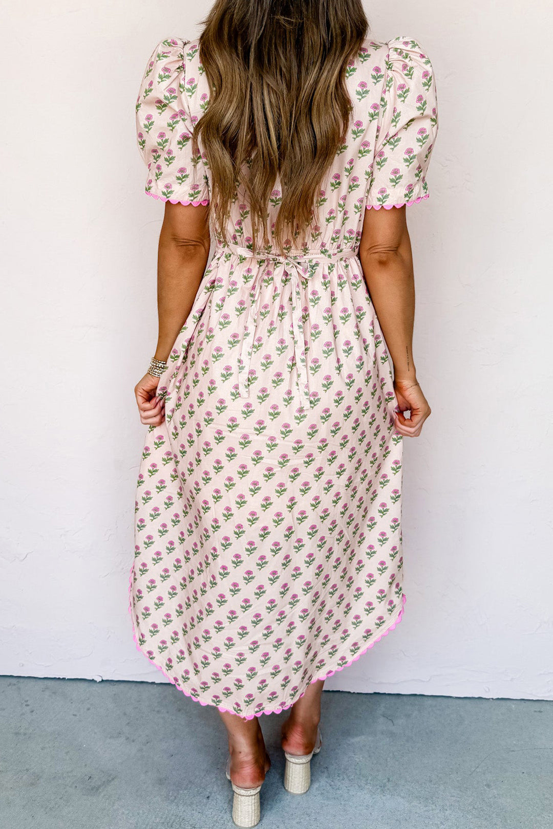 Pink Floral Print V Neck Short Sleeve Cotton Long Dress