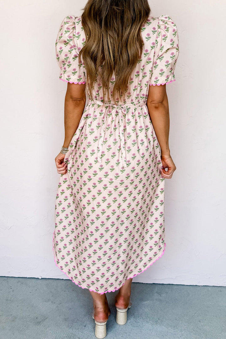 Pink Floral Print V Neck Short Sleeve Cotton Long Dress
