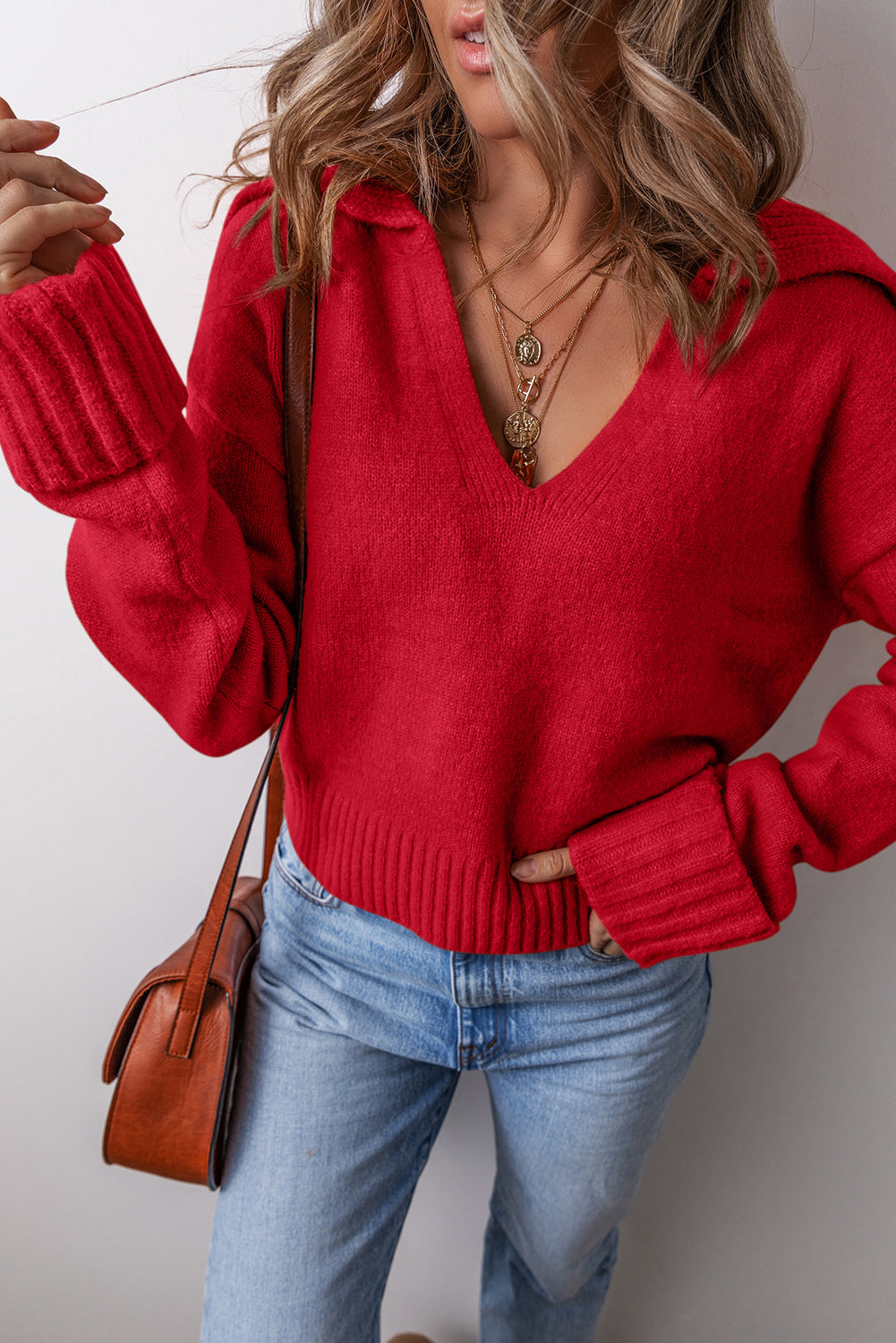 Collared V Neck Ribbed Edge Sexy Elegant Sweater